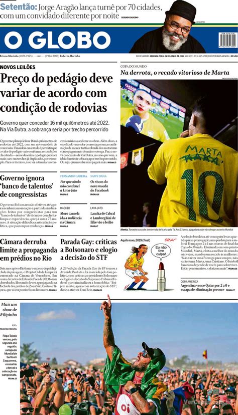 Capa O Globo Edição Segunda 24 De Junho De 2019