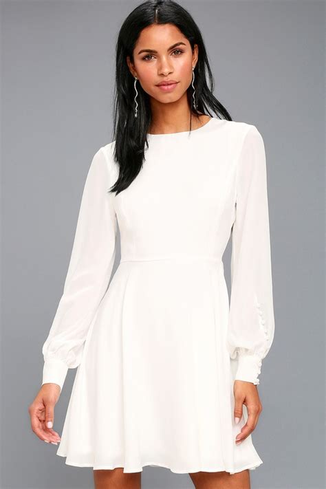 chic white dress long sleeve dress button cuff dress lulus