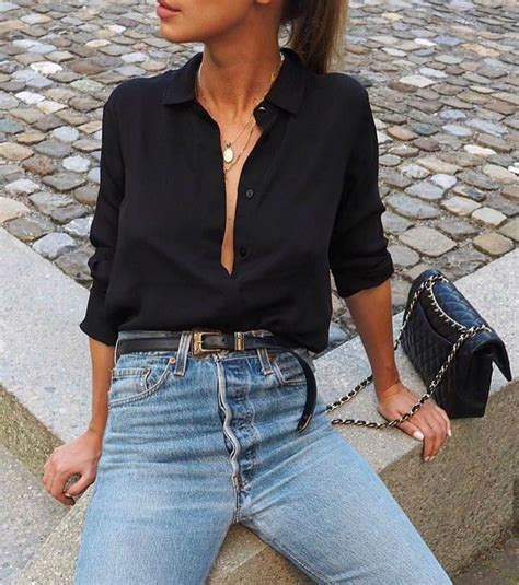 black blouse  denim jeans fashion clothes street style