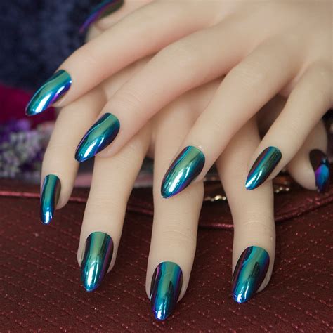 pcsset acrylic metal mirror effect nails artificial fake nails full cover sharp stiletto