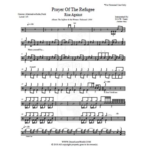 Rise Against Prayer Of The Refugee Drum Score Drum Sheet Drum Note