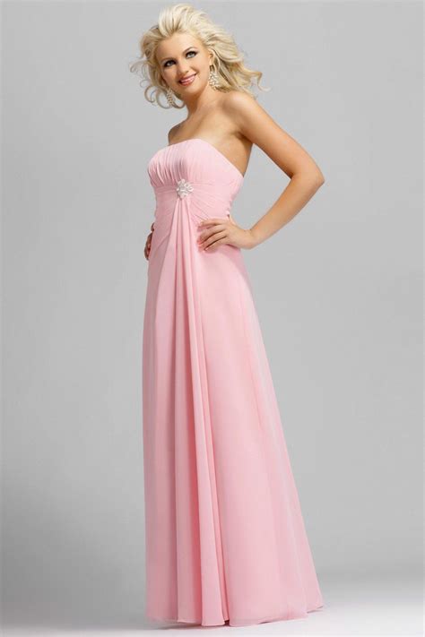pink strapless full length pearl pleated chiffon satin bridesmaid dress