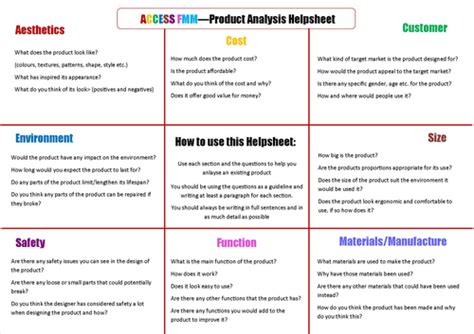 product analysis worksheet  helpsheet teaching resources