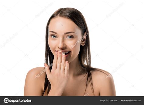Beautiful Naked Woman Hand Mouth Smiling Camera Isolated White — Free