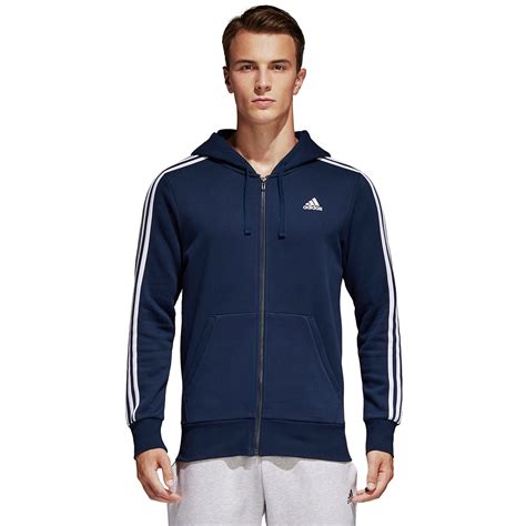 adidas mens essentials  stripes fleece full zip hoodie navy  ebay