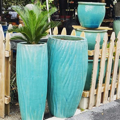 large blue glazed ceramic planters ethans courtyard  patio