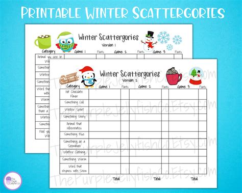 winter scattergories game printable game  kids holiday etsy