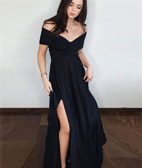 simple black  shoulder prom dress black long evening dress shdress
