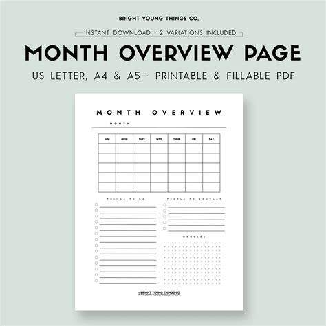 month overview planner page digital monthly planner page fillable