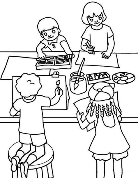 students painting  classroom coloring page