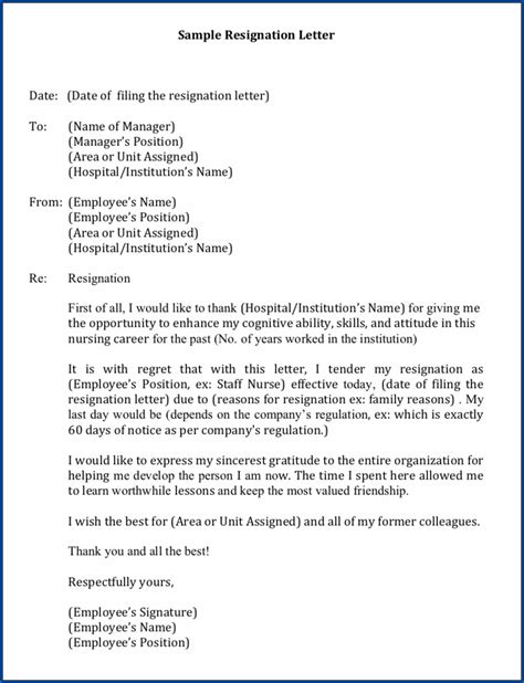 printable resignation letter  nurses