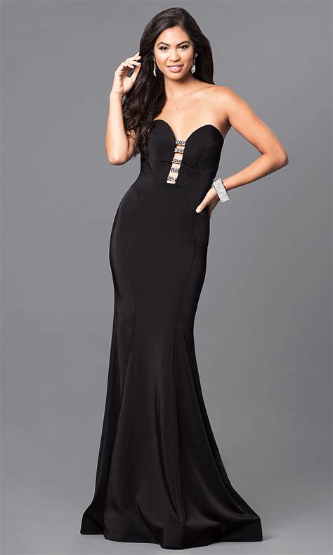 black strapless satin long formal prom dress promgirl