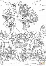 Coloring Rabbit Easter Eggs Baskets Father Flowers Pages Carrying Son His Festive Vintage Adults Adult Supercoloring Book Kids Bunny Printable sketch template