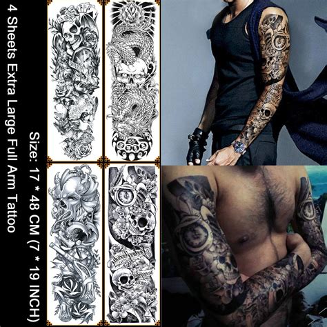 buy kotbs 4 sheets large waterproof full arm tattoo sticker skull rose