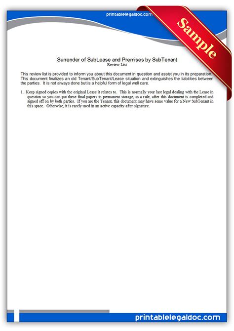 free printable surrender of sublease and premises by tenant