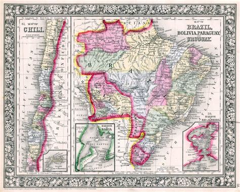 large scale old political map of brazil bolivia paraguay uruguay and chili 1864 brazil