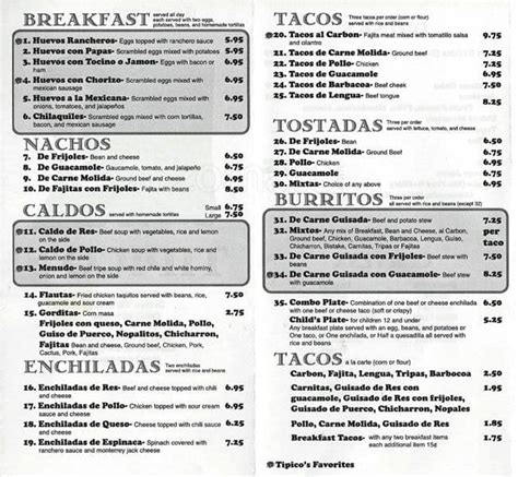 menu  tipicos restaurant carrollton