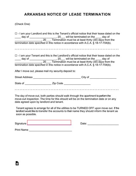 arkansas lease termination letter form  day notice word