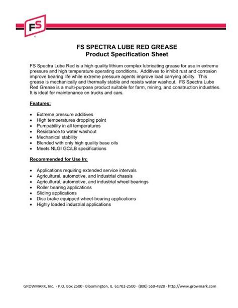 Fs Spectra Lube Red Grease Spec Sheet Pdf Gofurtherwithfs