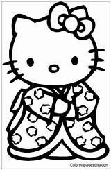 Japanese Pages Kitty Hello Kimono Coloring Color Print Online Cartoons sketch template