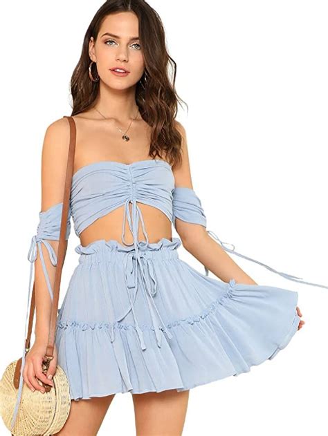 Usa 🇺🇸 Floerns Women S Two Piece Outfit Off Shoulder Drawstring Crop