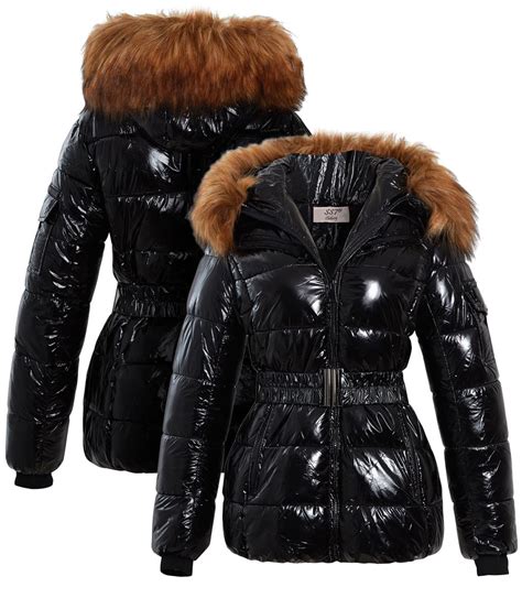 womens puffer coat wet look parka faux fur jacket size 12 8 10 14 16