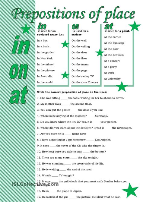 grammar exercises prepositions  time  place worksheets