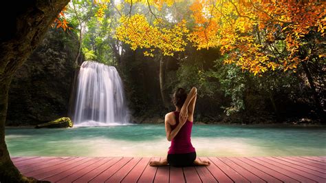 yoga girl picture  autumn waterfall background hd wallpapers