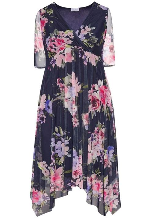 yours london navy floral mesh midi dress with hanky hem sizes 16 36