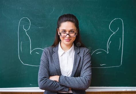 Smiling Teacher In The Glasses Near The Board Stock Image Image Of