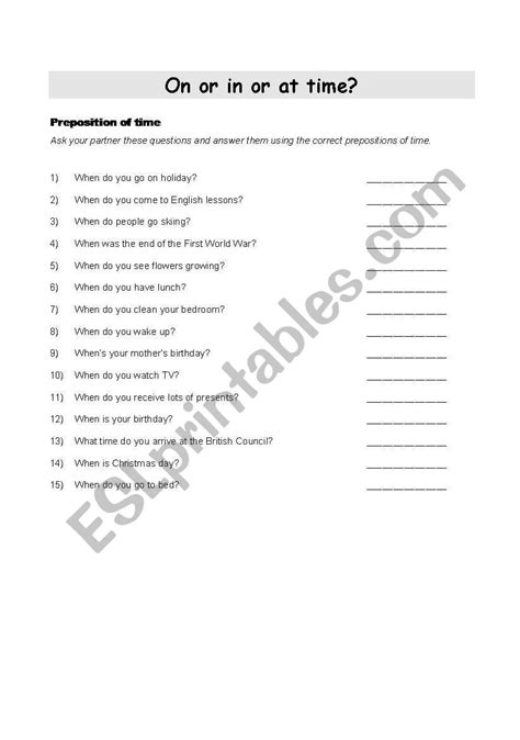 english worksheets prepositions  time