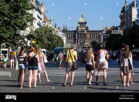 People Prague Tourists In The Lower Part Of Wenceslas Square Prague