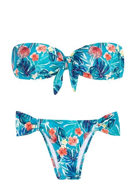 Floral Blue Fixed Brazilian Bikini With Bandeau Top With Front Knot