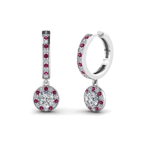 Round Cut Dark Pink Sapphire Hoops Earrings With White