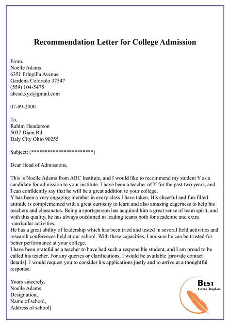 recommendation letter  college admission   letter template