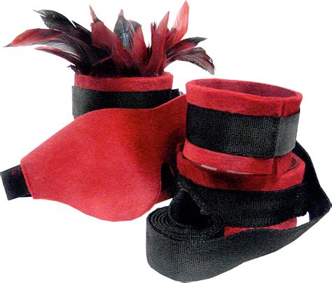 Sexy Slave Kit Red Blindfold 4 Wrist Ankle Cuffs Feather Tickler