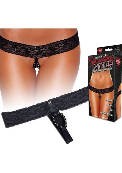 Hustler Crotchless Stimulating Thong With Pearl Pleasure Beads Black S