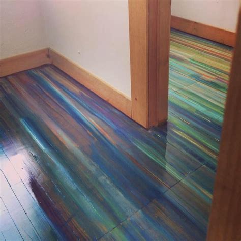 painted   wood floor covered   varnish  acrylic paint