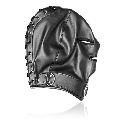 leather bondage mask slave head hood zipper mouth set bdsm restraint