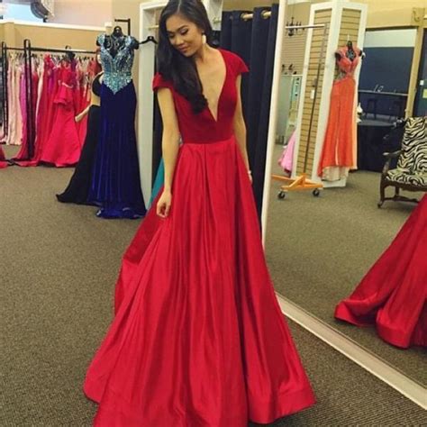 Red Prom Dress A Line Long Prom Dress V Neck Backless Prom Gown Satin