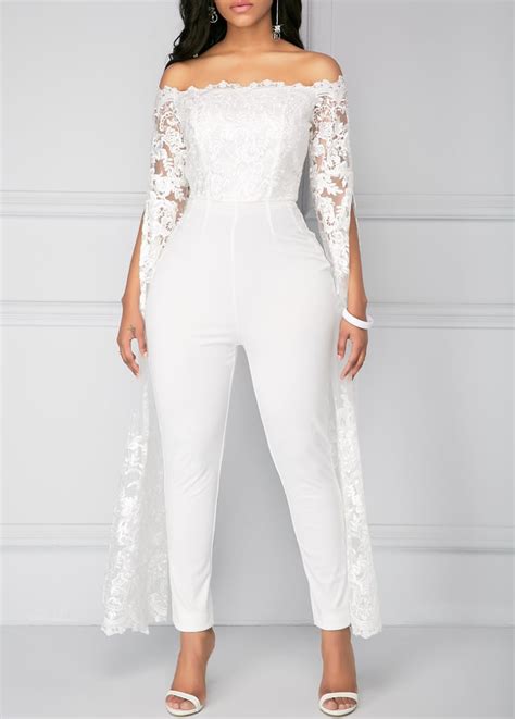 modlily off the shoulder lace panel white jumpsuit jennifer lopez