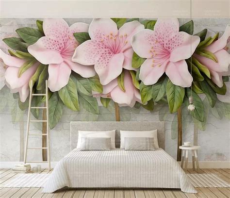 [self Adhesive] 3d Pink Lily Green Leaf Tree 6 Wall Paper Mural Wall