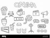 Cinema Coloring Set Doodle Book Drawn Hand Kids Vector Illustration Elements Outline Alamy Template Game sketch template