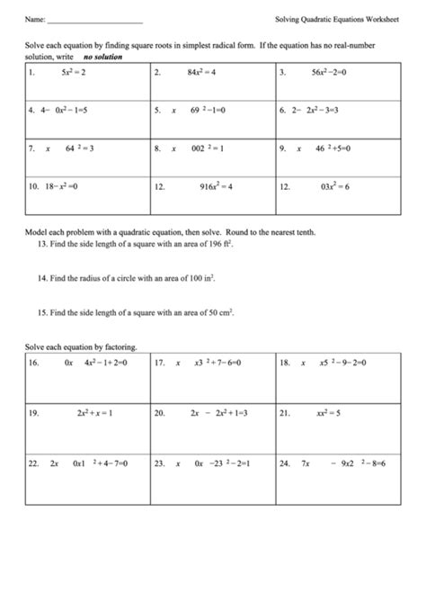 solving quadratic equations worksheet printable