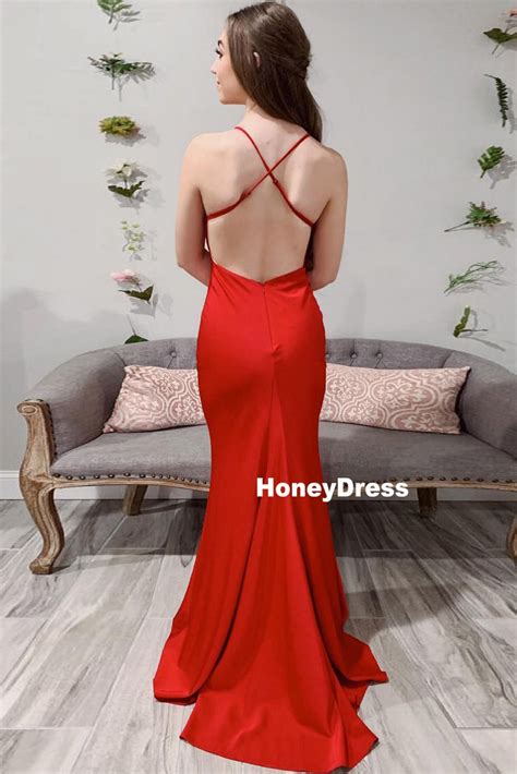 long red spaghetti strap v neck mermaid satin prom dress with criss