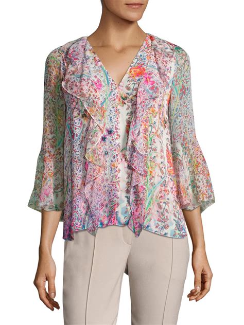 Elie Tahari Faith Floral Print Ruffle Silk Blouse Lyst