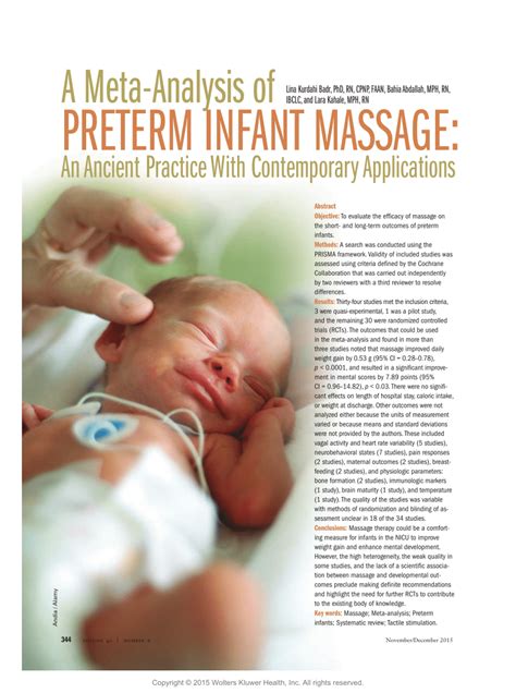 Pdf A Meta Analysis Of Preterm Infant Massage An Ancient Practice