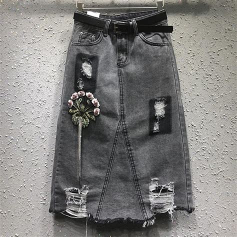 high waist beading embroidered hole denim skirts women 2018 autumn a