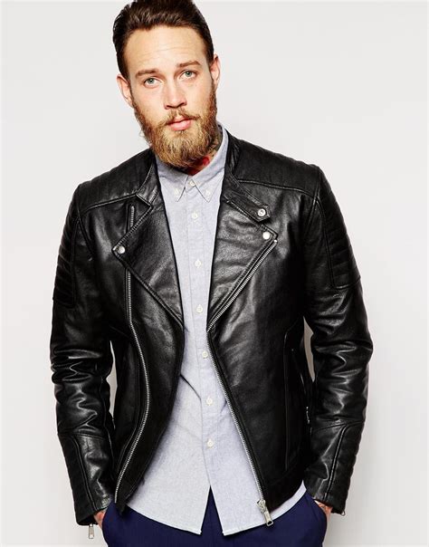 lyst asos leather biker jacket  zip cuff  black  black  men