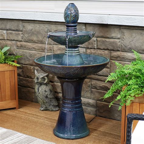 sunnydaze double tier outdoor ceramic fountain  led lights  decorative water